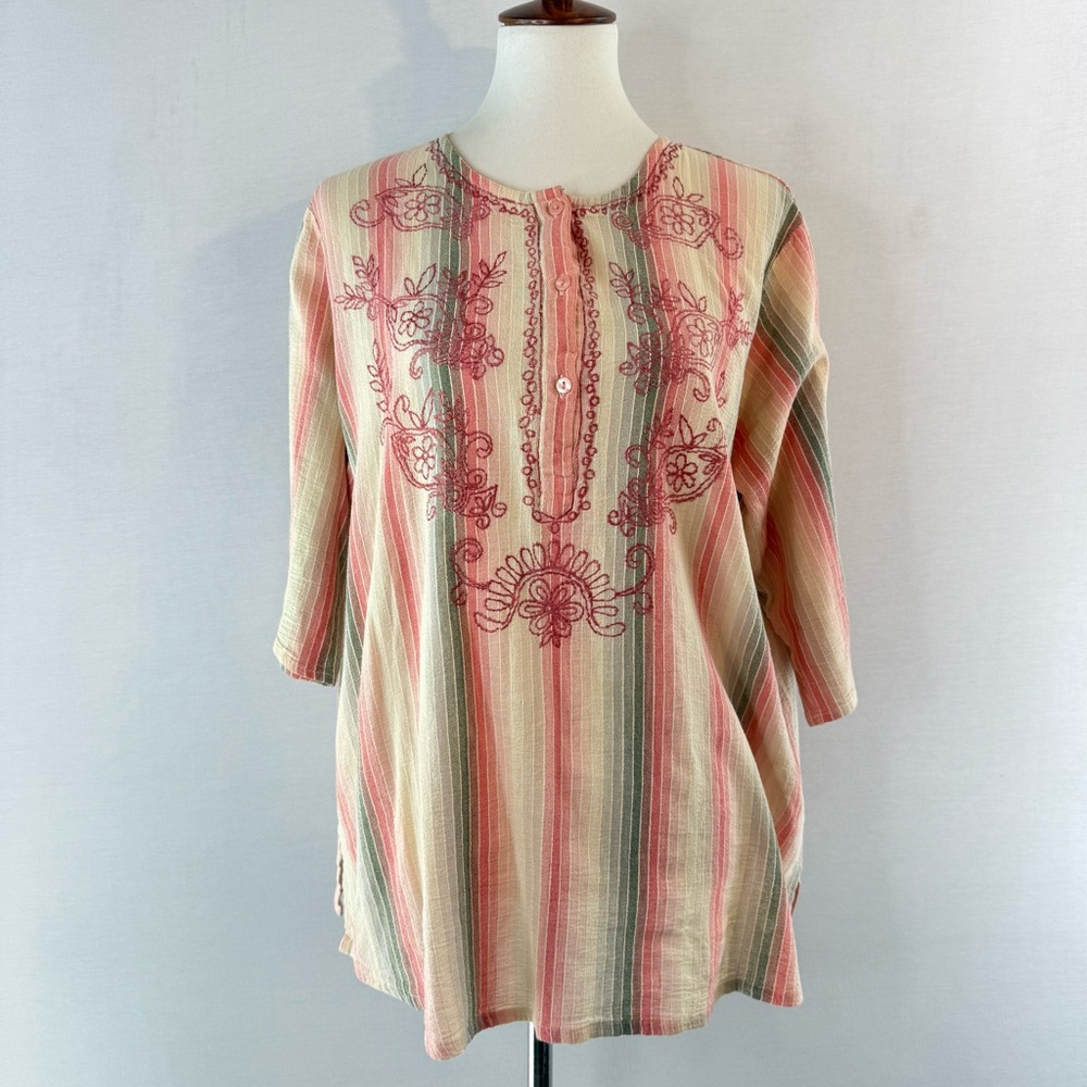Maggie & Max Cotton Striped and Embroidered Front Blouse 1X